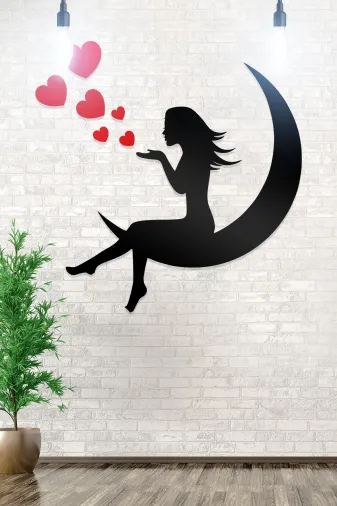AHWALL AW00027 Ay, Kadın Ve Kalp Figürlü Dekoratif Ahşap Tablo