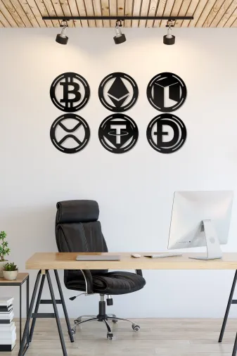 AHWALL AW0SET01 Bitcoin, Ethereum, Neo, Ripple, Tether, Doge Kripto Seti Dekoratif Ahşap Tablo