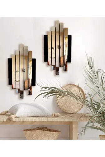 AHWALL AWASST002 Mdf Üzeri Aynalı Pleksi Asimetrik Tablo Siyah Gold Ikili Set