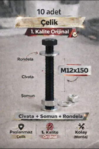 akatsuki civata3 Paslanmaz Çelik Civata + Somun + Rondela Seti (M12X150Mm) – 10 Adet