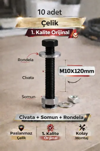 akatsuki M10*120 Paslanmaz Çelik Civata + Somun + Rondela Seti (M10X120Mm) – 10 Adet