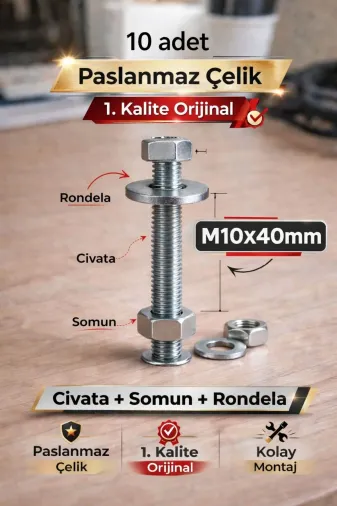 akatsuki M10*40 Paslanmaz Çelik Civata + Somun + Rondela Seti (M10X40Mm) – 10 Adet