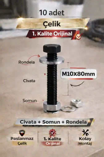 akatsuki M10*80 Paslanmaz Çelik Civata + Somun + Rondela Seti (M10X80Mm) – 10 Adet