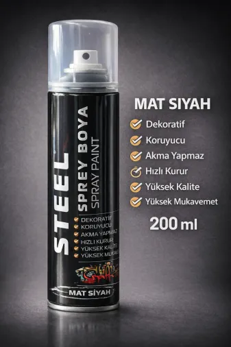 akatsuki mat siyah 200ml Steel Sprey Boya Mat Siyah 200 Ml