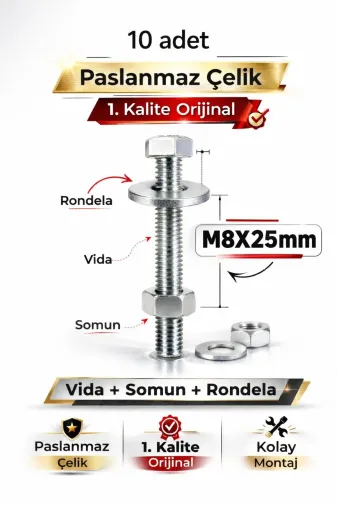 akatsuki Paslanmaz Çelik Civata + Somun + Rondela Seti (M8X25Mm) – 10 Adet