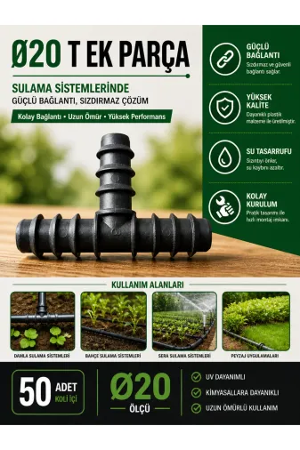 akatsuki TYCE7F35CDA5F36214BB77E00 Ø20 Damlama Sulama T Bağlantı Ek Parça 50 Adet