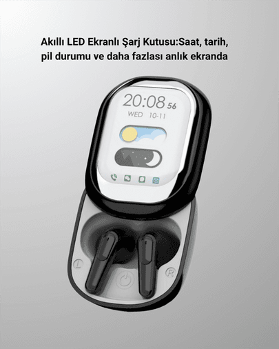 Akıllı Ekranlı Bluetooth 5.4 Kablosuz Kulaklık – Dokunmatik ve Şarj Kutulu