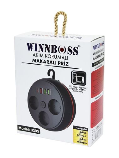 Akım Korumalı Makaralı 2M Kablolu 3 Prizli 3 Usb 1 Type-C Priz