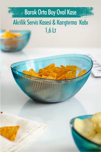 Akrilik Barok Aquamarin Orta Boy Oval Meyve & Salata Kasesi & Karıştırma Kabı / 1,6 Lt (CAM DEĞİLDİR