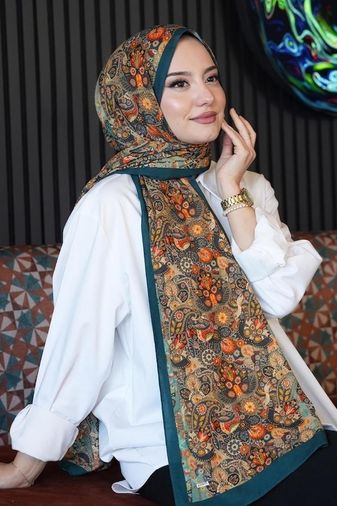 Ala Bianca 57855210131628980184975 Etnik Çiçek Desen Yeşil Soft Pamuk Şal Açik Gri