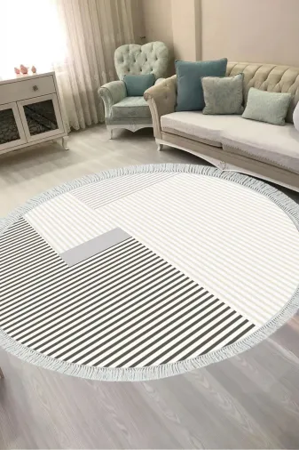 ALANUR AL4050-sckl-k-hali-yuvarlak Kaymaz Yıkanabilir Dijital Baskılı Salon Halısı Trend Saçaklı Yuvarlak Geometrik Al4050