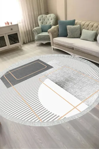 ALANUR AL4052-sckl-k-hali-yuvarlak Kaymaz Yıkanabilir Dijital Baskılı Salon Halısı Trend Saçaklı Yuvarlak Geometrik Al4052