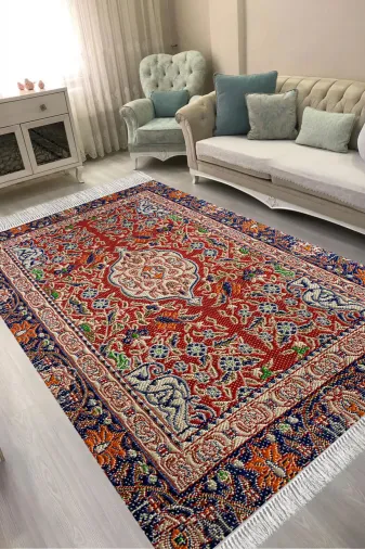 ALANUR E6003-sckl-k-hali Kaymaz Yıkanabilir Dijital Baskılı Salon Halısı Trend Saçaklı Otantik E6003