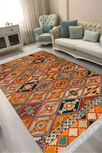 ALANUR E6004-sckl-k-hali Kaymaz Yıkanabilir Dijital Baskılı Salon Halısı Trend Saçaklı Otantik E6004
