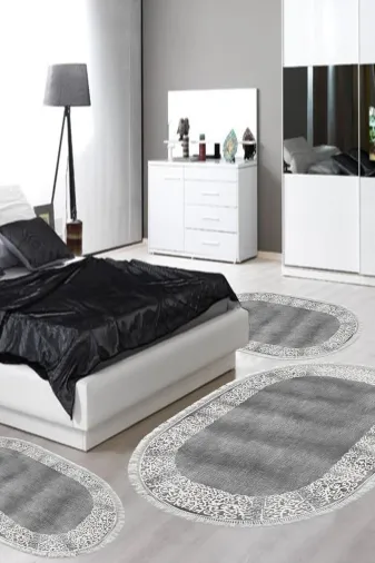 Alanur Home 1460-yatak-3-pcs-oval-K-S-Oval Eko Trend Djt Yıkanabilir Kaymaz Taban Oval 3 Lü Yatak Odası Takımı 1460 Modern Gri