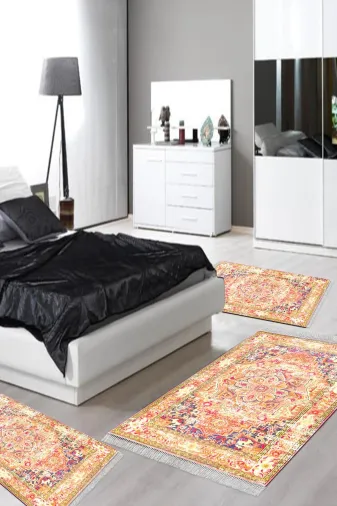 Alanur Home 1697-yatak-3-pcs-K-S Eko Trend Djt Yıkanabilir Kaymaz Taban 3 Lü Yatak Odası Takımı 1697 Persian Turuncu