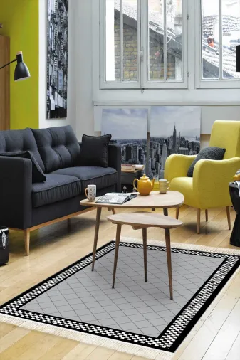 Alanur Home 400603-K Gri? Trend Kaymaz Dod Tabanlı Saçaklı Dijital Halı