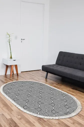Alanur Home 400605-K-O Gri? Trend Kaymaz Dod Tabanlı Saçaklı Dijital  Oval Halı