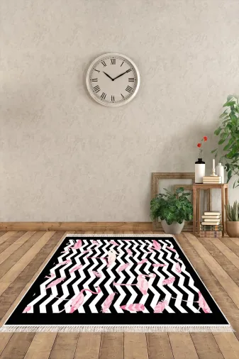 Alanur Home 400613-K Pembe Trend Kaymaz Dod Tabanlı Saçaklı Dijital Halı