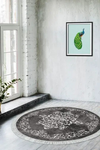 Alanur Home 400616-K-Y Gri? Trend Kaymaz Dod Tabanlı Saçaklı Dijital Yuvarlak Halı