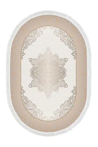Alanur Home 400623-K-S-Oval Krem Keçe Tabanlı Saçaklı Dijital Oval Halı