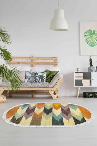 Alanur Home 400629-K-S-Oval Alanur Trend Keçe Tabanlı Saçaklı Dijital Halı Oval Multi?