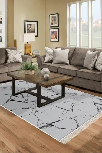 Alanur Home 400698-K-S Gri Keçe Tabanlı Saçaklı Dijital Halı