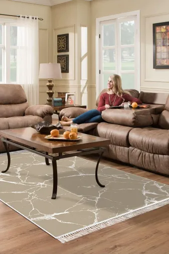 Alanur Home 400698-K-S Keçe Tabanlı Saçaklı Dijital Halı Camel
