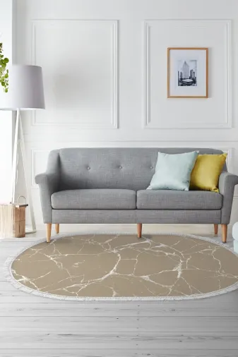 Alanur Home 400698-K-S-Oval Oval Camel Keçe Tabanlı Saçaklı Dijital Halı
