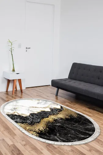 Alanur Home 400701-K-S-Oval Alanur Trend Keçe Tabanlı Saçaklı Dijital Halı Oval Krem