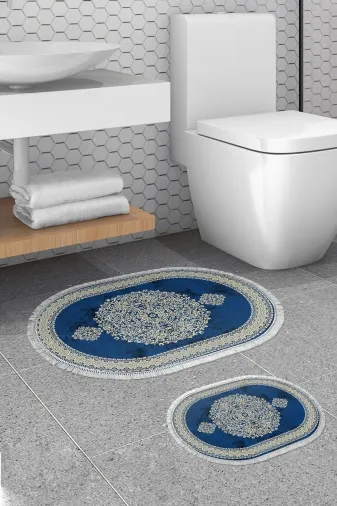 Alanur Home 410602-O Alanur Trend Kaymaz Taban Oval Saçaklı Dijital Banyo 2'li Klozet Takımı Mavi