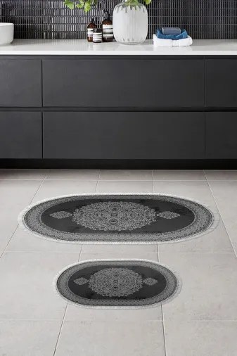 Alanur Home 410602-O Alanur Trend Kaymaz Taban Oval Saçaklı Dijital Banyo 2'li Klozet Takımı Siyah