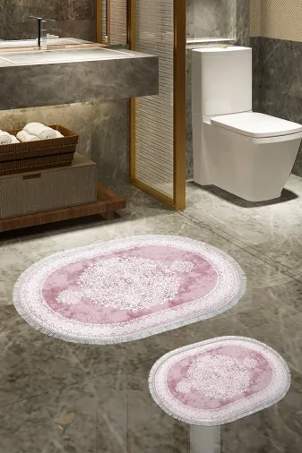 Alanur Home 410602-O Alanur Trend Kaymaz Taban Oval Saçaklı Dijital Banyo 2'li Klozet Takımı Pudra