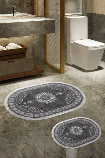 Alanur Home 410615-O Alanur Trend Kaymaz Taban Oval Saçaklı Dijital Banyo Takımı Gri?