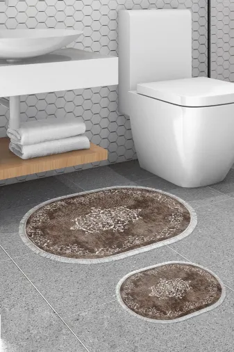 Alanur Home 410616-O Alanur Trend Kaymaz Taban Oval Saçaklı Dijital Banyo Klozet Takımı Kahve