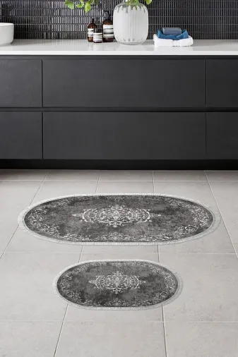 Alanur Home 410616-O Alanur Trend Kaymaz Taban Oval Saçaklı Dijital Banyo 2'li Klozet Takımı Gri