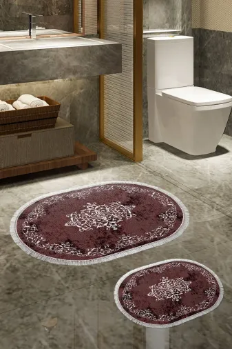 Alanur Home 410616-O Alanur Trend Kaymaz Taban Oval Saçaklı Dijital Banyo 2'li Klozet Takımı Bordo