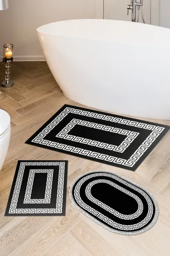 Alanur Home 650M-banyo-paspas-K-S Eko Trend Djt 3 Lü Yıkanabilir Kaymaz Taban Banyo Paspas Seti 650M Modern Siyah