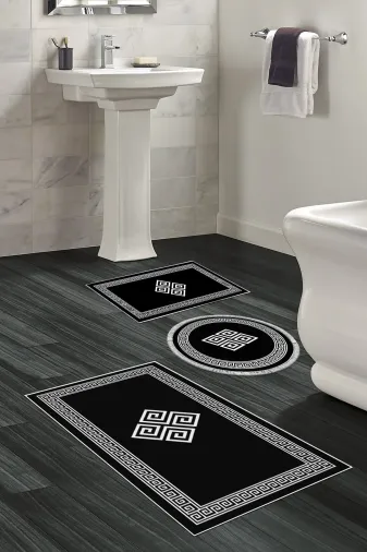 Alanur Home 656M-banyo-paspas-2-K-S Eko Trend Djt 3 Lü Yıkanabilir Kaymaz Taban Banyo Paspas Seti 656M Modern Siyah