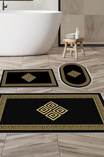 Alanur Home 656M-banyo-paspas-K-S Eko Trend Djt 3 Lü Yıkanabilir Kaymaz Taban Banyo Paspas Seti 656M Modern Gold