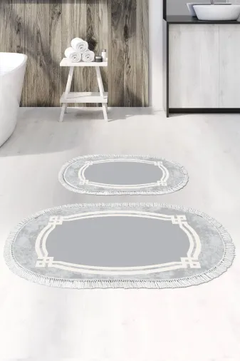 Alanur Home 657M-eko-klozet-oval-2-K-S-Oval Eko Trend Djt 2 Li Yıkanabilir Kaymaz Taban Oval Banyo Paspas 657M Modern Gri (50 X 80 - 40 X 50)