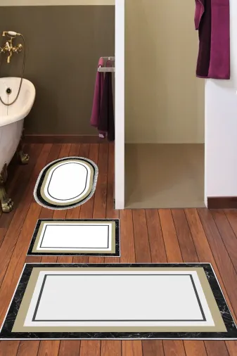 Alanur Home 673M-banyo-paspas-K-S Eko Trend Djt 3 Lü Yıkanabilir Kaymaz Taban Banyo Paspas Seti 673M Bordürlü Krem