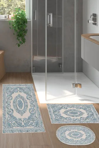 Alanur Home 747-banyo-paspas-K-S Eko Trend Djt 3 Lü Yıkanabilir Kaymaz Taban Banyo Paspas Seti 747 Klasik Mavi