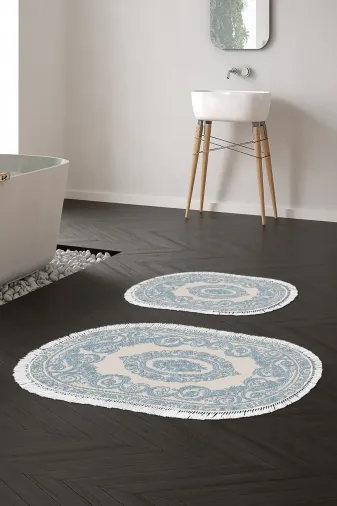 Alanur Home 747-eko-klozet-oval-2-K-S-Oval Eko Trend Djt 2 Li Yıkanabilir Kaymaz Taban Oval Banyo Paspas 747 Klasik Mavi (50 X 80 - 40 X 50)