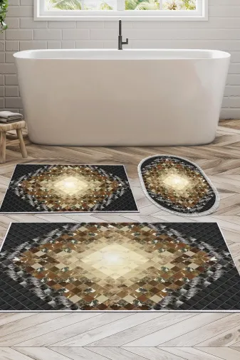 Alanur Home 759-banyo-paspas-K-S Eko Trend Djt 3 Lü Yıkanabilir Kaymaz Taban Banyo Paspas Seti 759 Patchwork Siyah