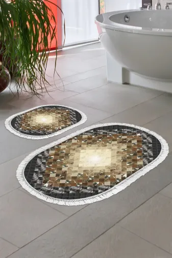 Alanur Home 759-eko-klozet-oval-2-K-S-Oval Eko Trend Djt 2 Li Yıkanabilir Taban Oval Banyo Paspas 759 Patchwork Siyah (50 X 80 - 40 X 50)
