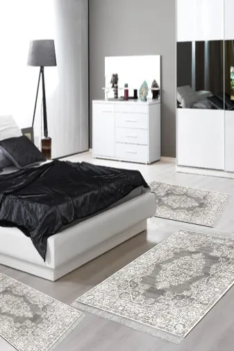 Alanur Home 762-yatak-3-pcs-oval-K-S-Oval Eko Trend Djt Yıkanabilir Kaymaz Taban Oval 3 Lü Yatak Odası Takımı 762 Osmanli Gri