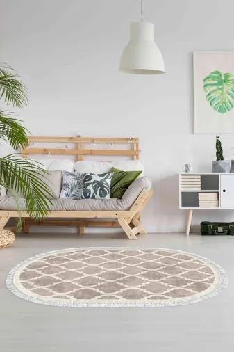 Alanur Home 900601-Oval Krem Desenli Halı