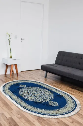 Alanur Home 900602-Oval Alanur Star Kaymaz Pamuk Tabanlı Saçaklı Dijital Halı Oval Mavi?