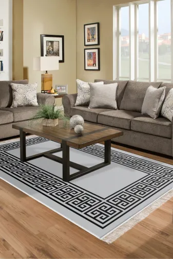 Alanur Home 900608 Gri? Star Kaymaz Pamuk Tabanlı Saçaklı Dijital Halı